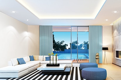 Samsung LEDs a large living room lighted up with warm mid-power lights